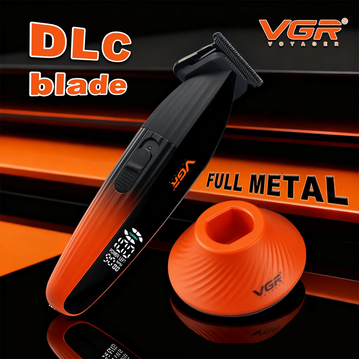 ماكينة تشذيب احترافية VGR V-889T للرجال DLCBlade 9000 دورة في الدقيقة مع شاحن قاعدة شاشة LED معدنية كاملة ماكينة تشذيب الشعر