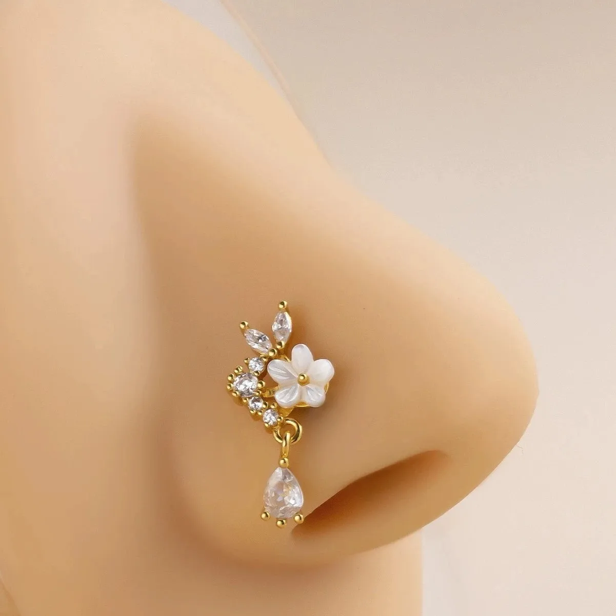 Gold Flower Nose Ring with Dangle CZ Crystal Teardrop Nose Hoop 18G Surgical Steel Cottagecore Fairycore Aesthetic Jewelry view 3