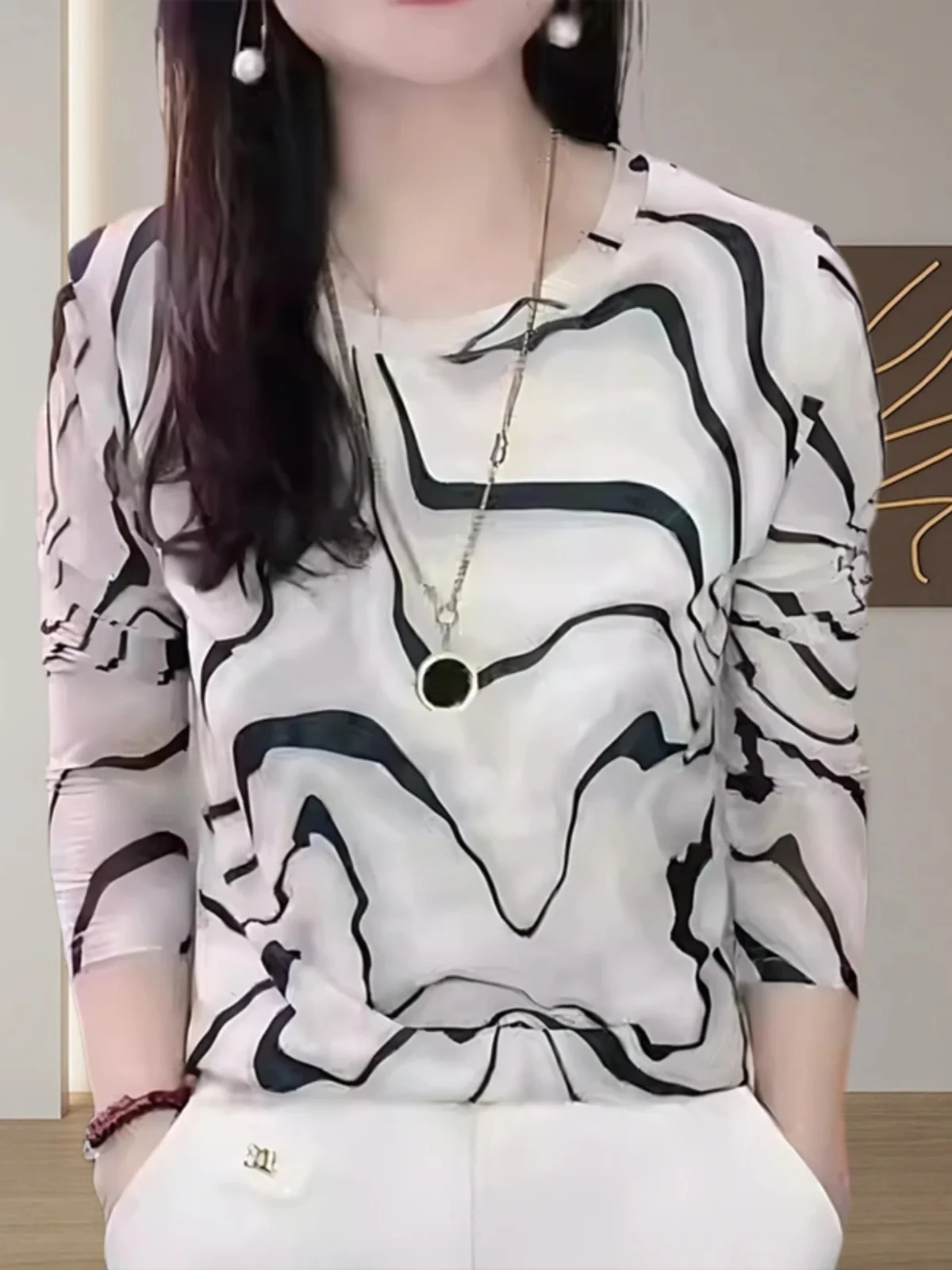 Slimming Mesh Insert Long Sleeve T-Shirt Women's Inner Wear Water Ripple Pattern Korean Style Loose Fit Polyester Spandex Blend