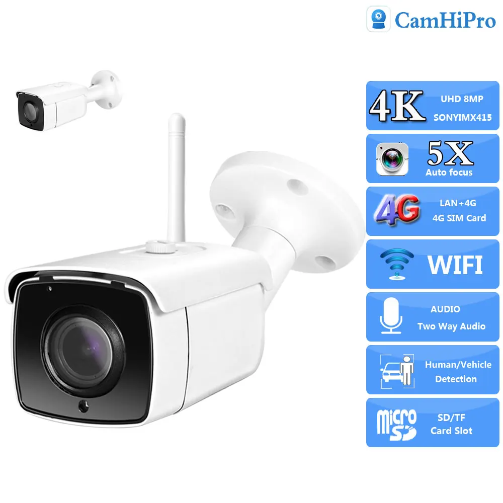 4G SIM Card Sony415 4K 8MP Wireless Security IP Camera Wifi 5X Optical Zoom Two Way Audio Human Detection IR Night Version