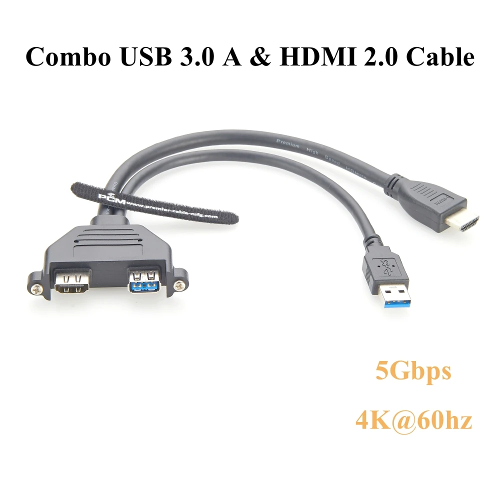 

Screw Panel Mount USB 3.0 A & High Definition Multimedia Interface 2.0 Male to Female Extension Cable 5Gbps 4K@60Hz Passthrough