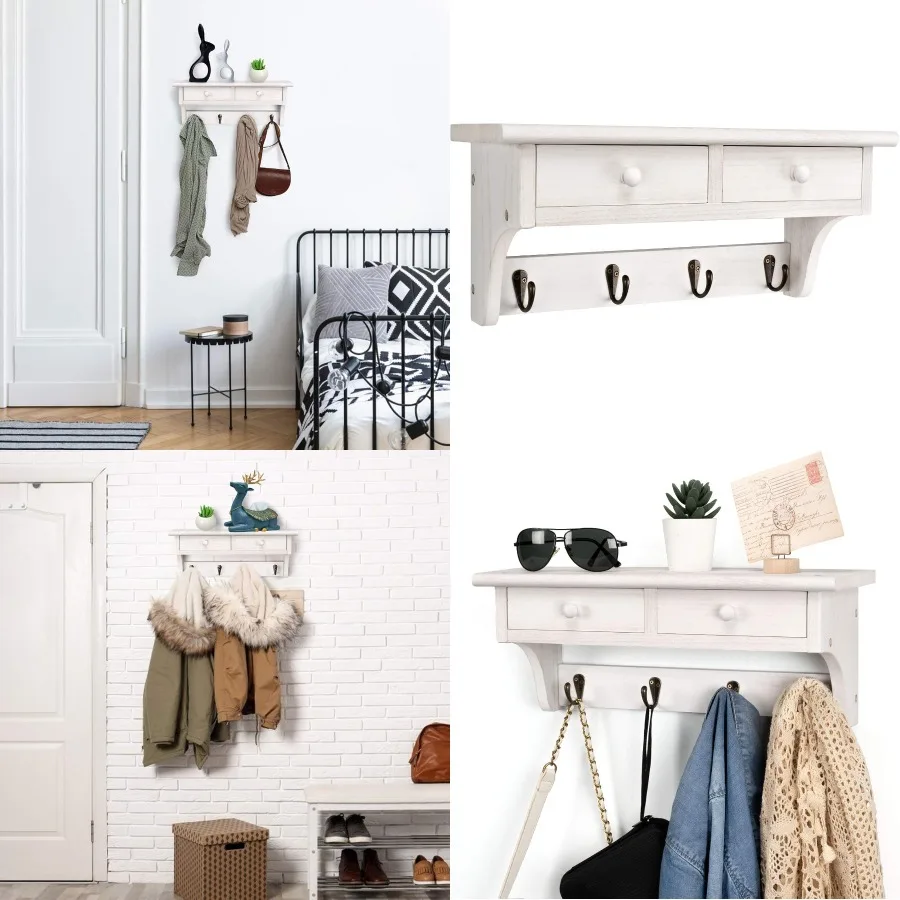 

Wall Mounted Rustic Wood Coat Rack with Shelf and Hooks for Entryway Mudroom Bedroom Kitchen Bathroom Farmhouse Style Wall Moun