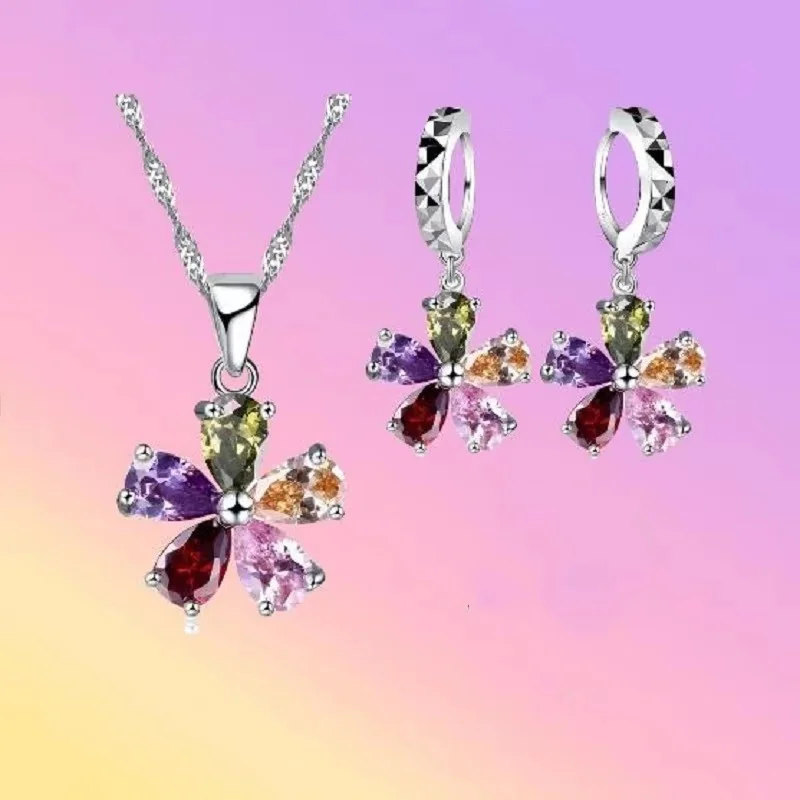 

S925 Sterling Silver Austrian Colourful Crystal Zircon Pendant Necklace Hoop Earrings Ring Set for Women Party Jewelry Gifts