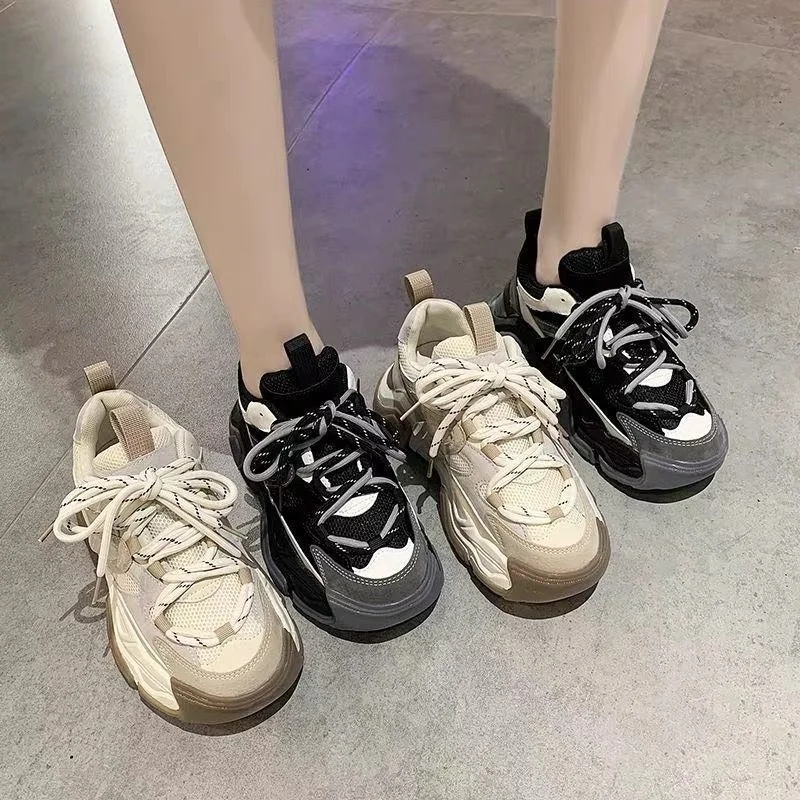 2023 Spring Bright Black Color Chunky Shoes Women's Vulcanized Sneakers Platform Shoes New Girls Light Weight Leather Sneakers