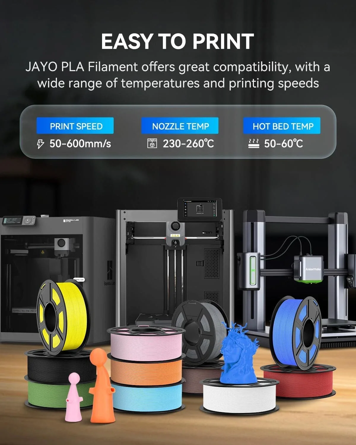 JAYO 3D PLA خيوط الطابعة الكلاسيكية 1.75 مم 30 مم / ثانية - 600 مم / ثانية نطاق الطباعة تدفق عالي سريع PLA مواد الطباعة ثلاثية الأبعاد Fof 3D 4 لفات