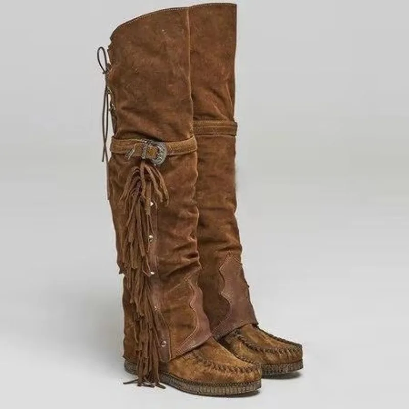 Nouvelles Bottes Femme 2026 à Franges et Pompons au-dessus du Genou, Style Bohème, en Daim, Mocassins Plats pour Femme, Chaussures Western Rétro
