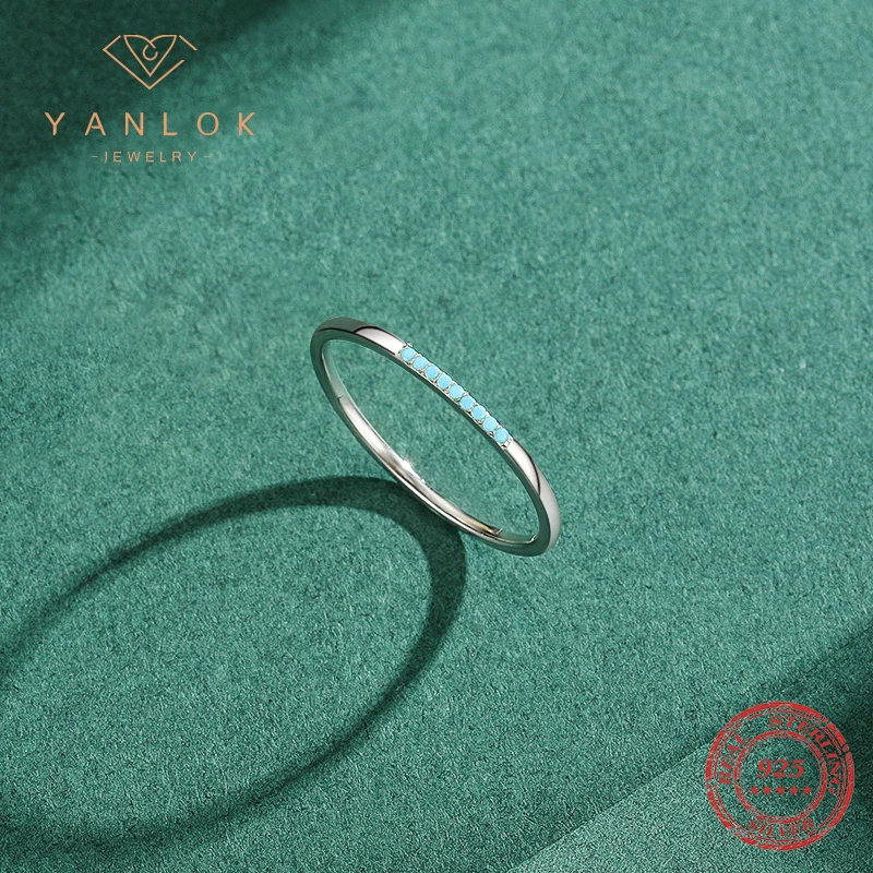 YANLOK desain minimalis 925 perak murni biru pirus cincin jari dapat ditumpuk untuk wanita pernikahan pertunangan Band perhiasan