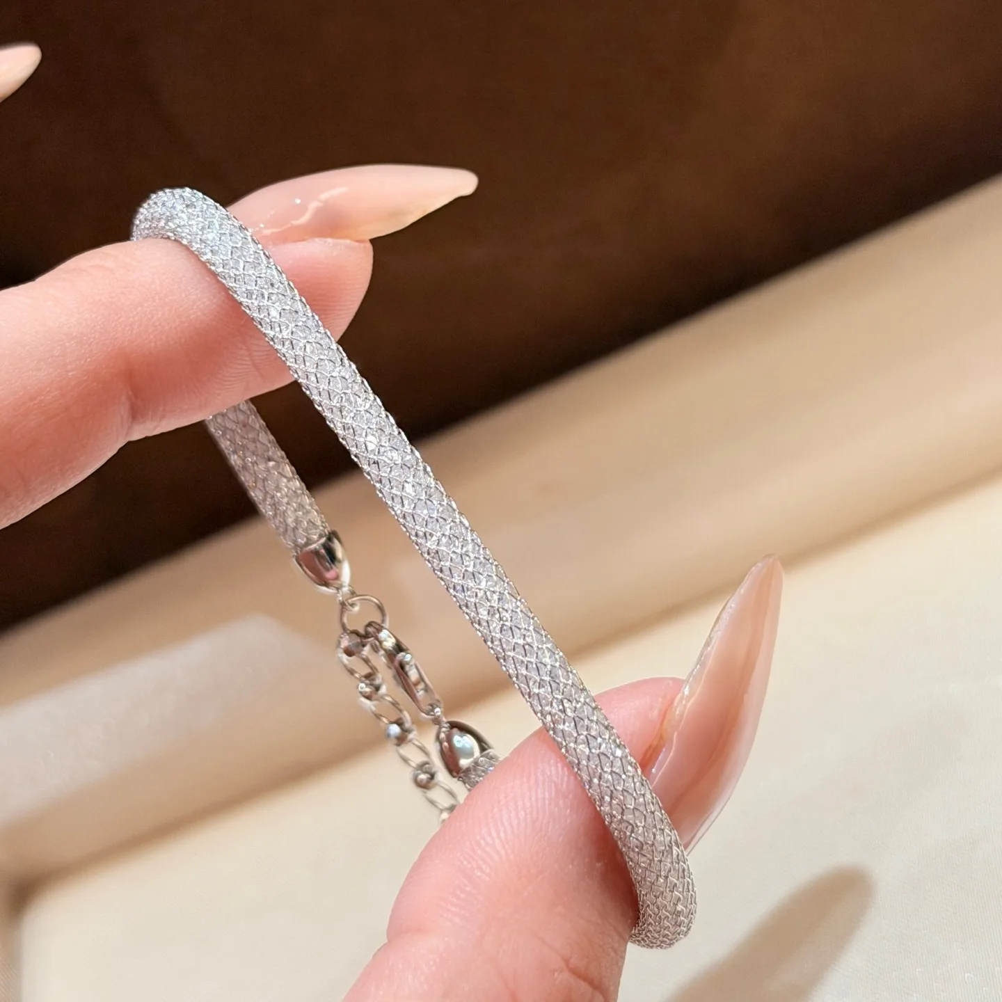 100% 925 Sterling Silver Grid Shape Knit Bracelet For Women Fine Jewelry