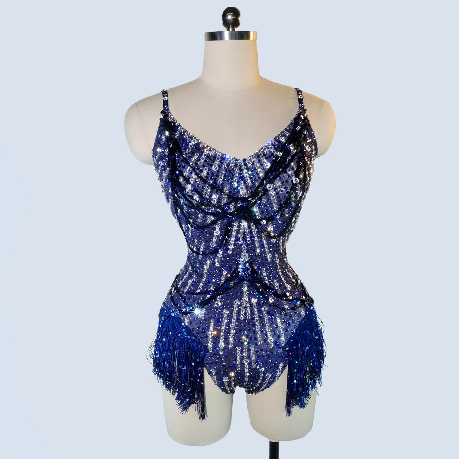 Shiny Blue Rhinestones Fringes Sexy Slip Bodysuit Women Birthday Party DS Stage Singer Performance Outfits Team Dance Costumes