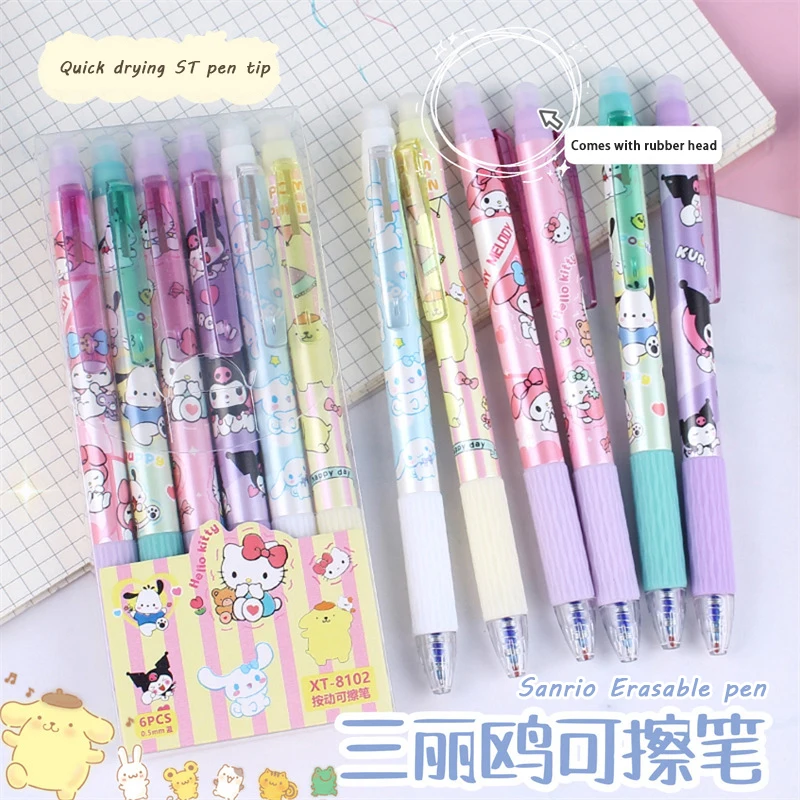 6 adet Sanrio Hello Kitty kalem Anime Anime mi mavi silinebilir nötr çabuk kuruyan jel kalem ofis kırtasiye malzemeleri sevimli çocuklar hediyeler