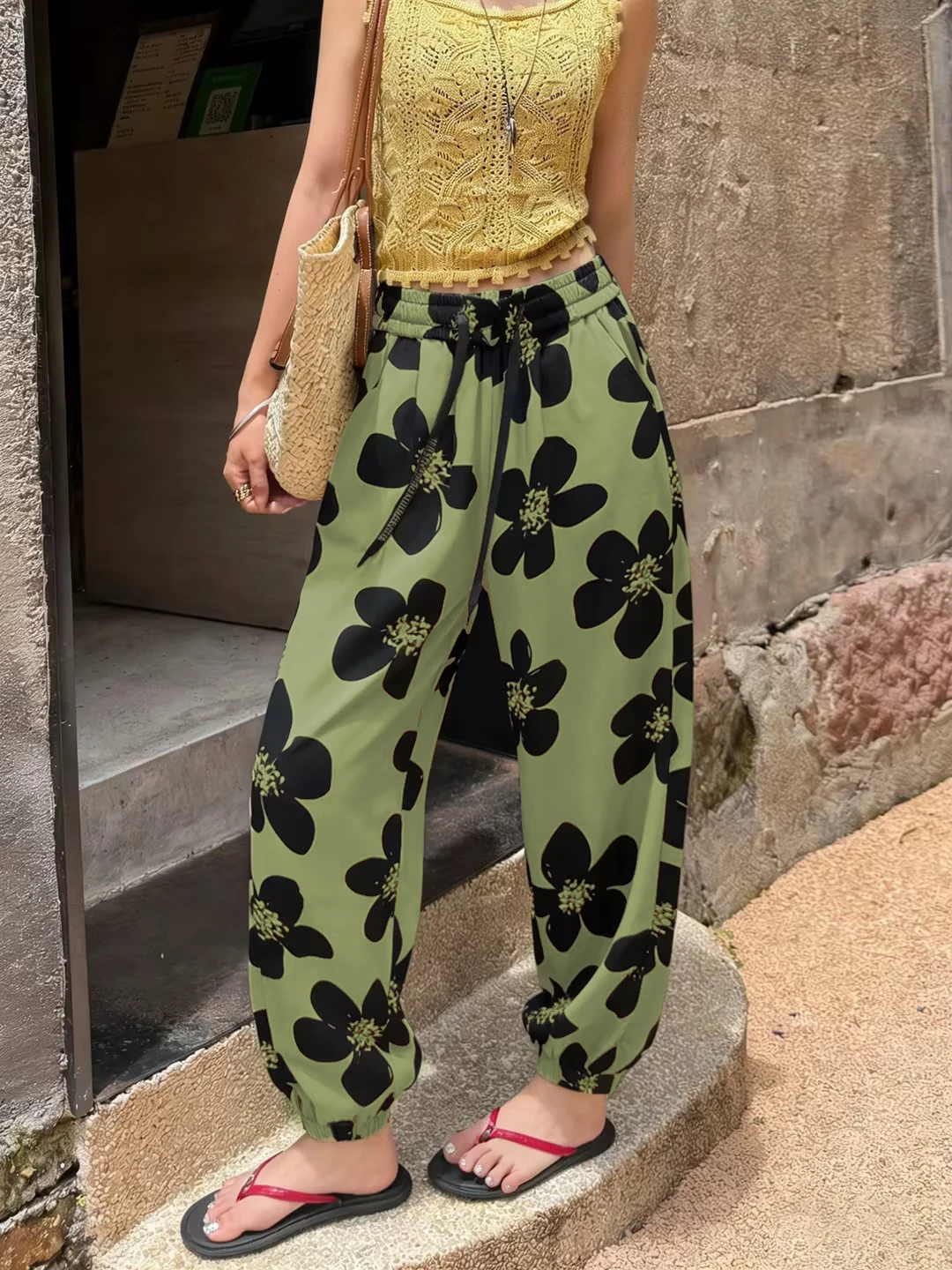 

Ice Silk Casual Pants Women's Spring Summer Thin New Flower Pants Sli Floral Outerwear Qui Dry Nine Points Trendy