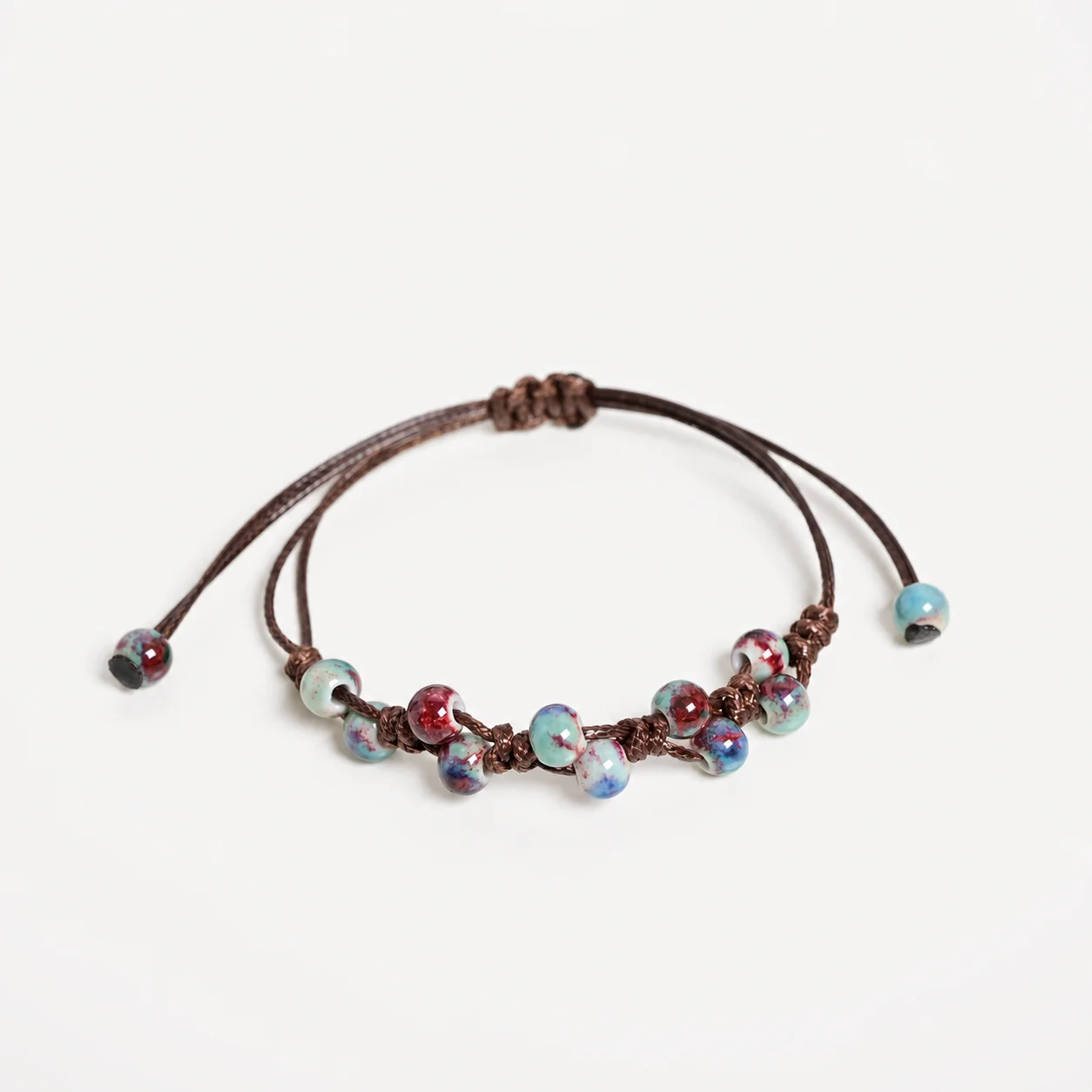 Handmade Ceramic Bead Bracelet with Waxed Cord Hand Braiding Adjustable Small Empress Wrist Jewelry Y260714-08