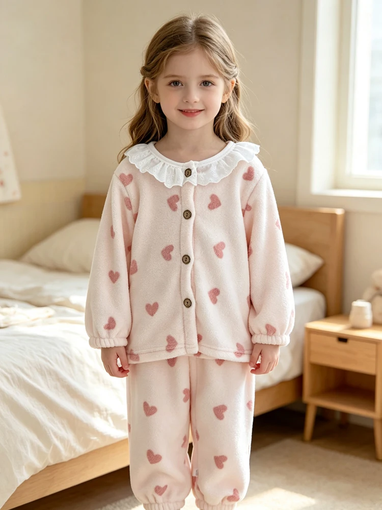 Herbst-Winter Baby Mädchen Flanell-Pyjama-Set Kinder Punktmuster Herz-Print Spitzenkragen Strickjacke+Hose Kinder Verdickte Warme Loungewear – Detail 1