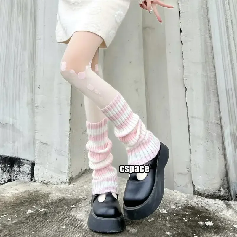 Y2k Goth Lolita Girls Cute Striped Knit Leg Warmers JK Uniform Gothic Women Leggings Gaiters Knee Knitted Cuffs Ankle Warmer