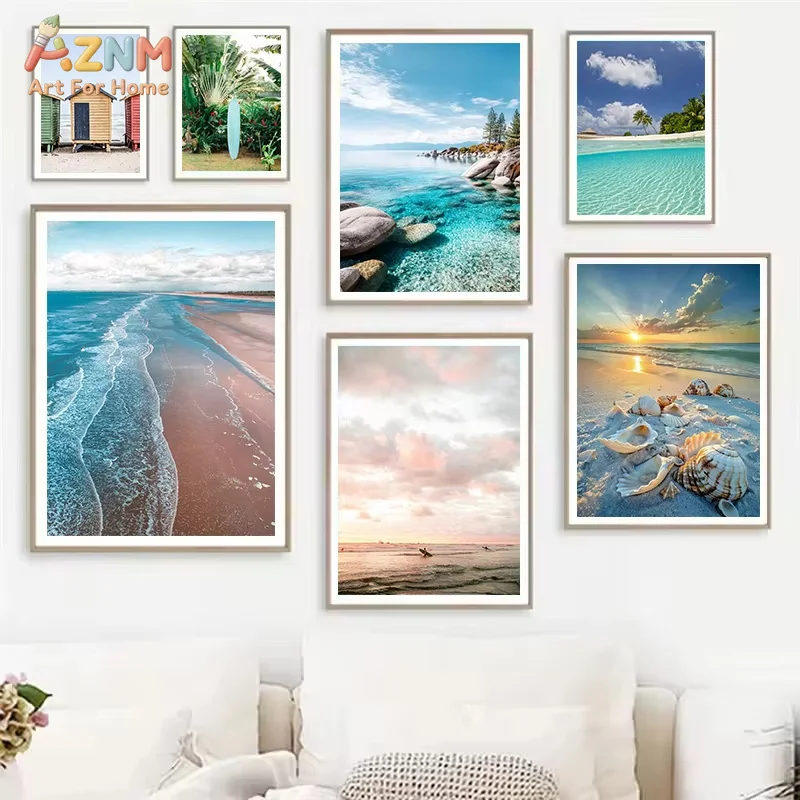 1PC Beautiful Beach Scene Seashells on Sandy Sunset Ocean Wave Surfboard Poster Canvas Painting Wall Art Pictures Home Decor