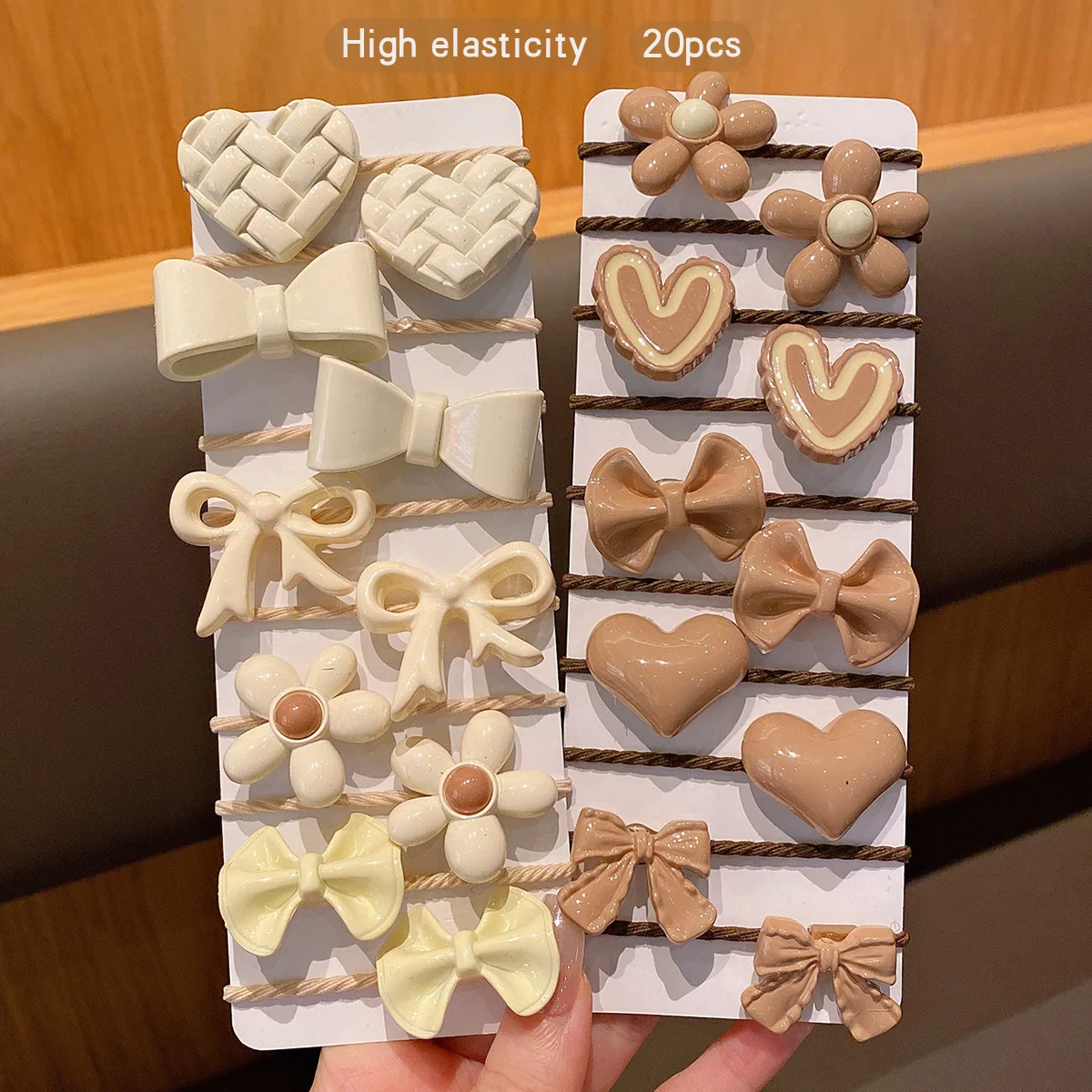 

20 Korean style coffee colored high elasticity hair rings with bow ties and rubber bands suitable for daily use as hair accesso