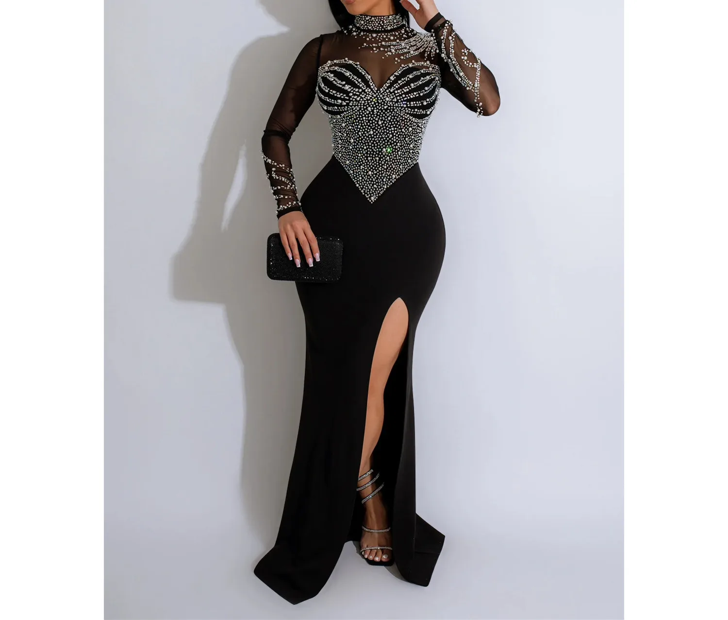 Nueva moda Sexy manga larga cuello redondo lentejuelas malla transparente Color sólido Slim Fit Split vaina vestido hasta el suelo para mujer, 3 colores