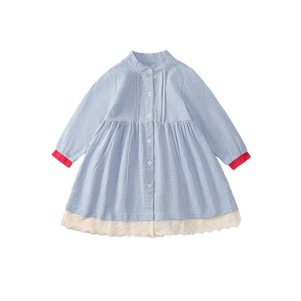 

Elegant Pleated Lace Grid Dress Stripe Loose Girls Long Dress Ballet Style Sweet Children Long Sleeved Dress Holiday