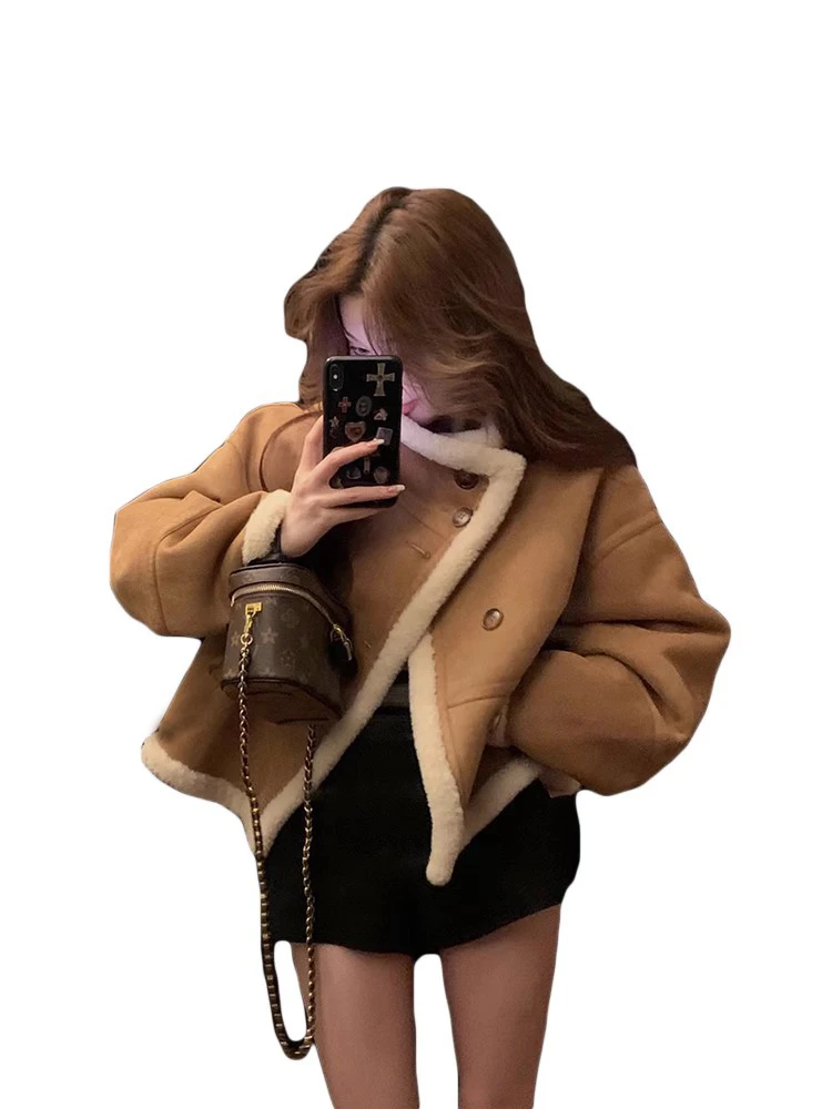 Thiened Pelle scamosciata ort Jaet Donna Autunno Inverno Nuovo Sle Biker Abbigliamento Pelliccia di agnello Top Inteated Abbigliamento in cotone per ort P...