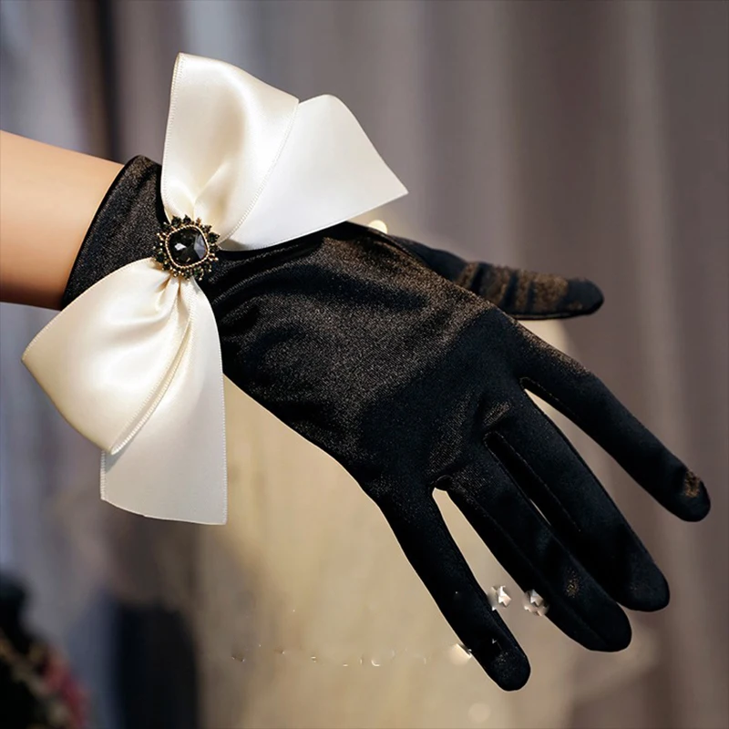 

New Original Vintage Gloves Hepburn Black Satin Thin Bowknot Stage Banquet Bride Accessories düğün aksesuarları gloves women