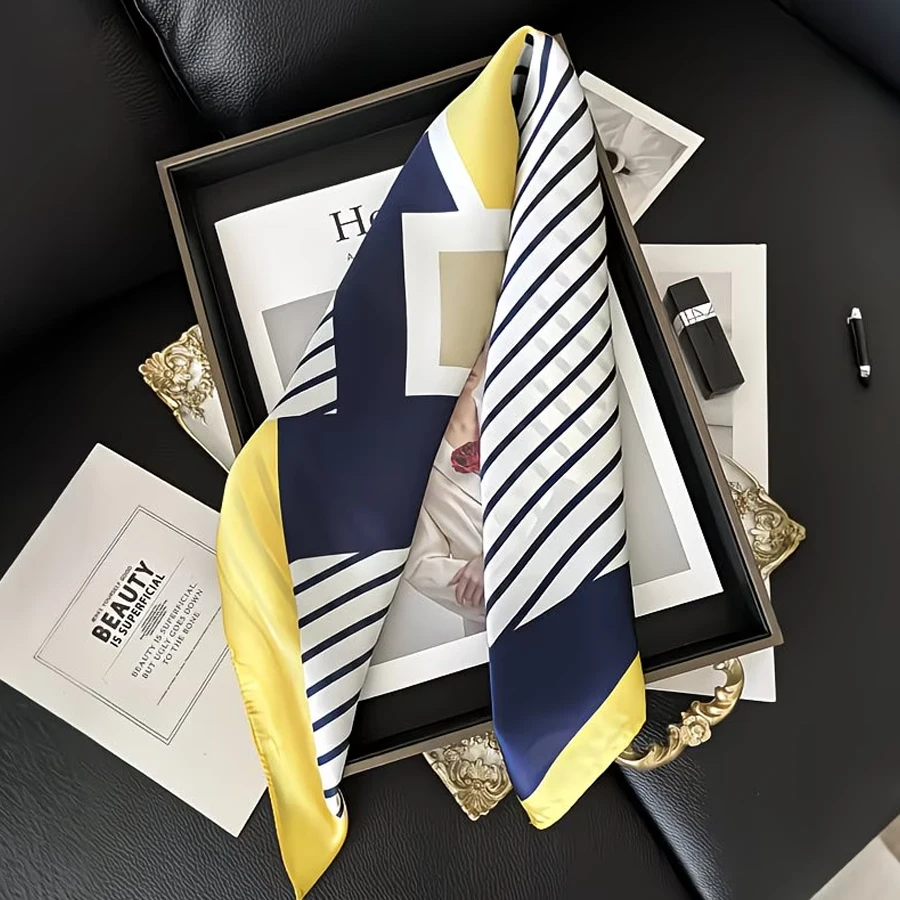 1 Piece of Elegant Navy Blue, White, and Yellow Striped Square Scarf - Breathable Polyester Material, Very Suitable for Use as a Headband, Shawl, and Hair Accessory, Stylish Tie Design, Casual Weekend image 3
