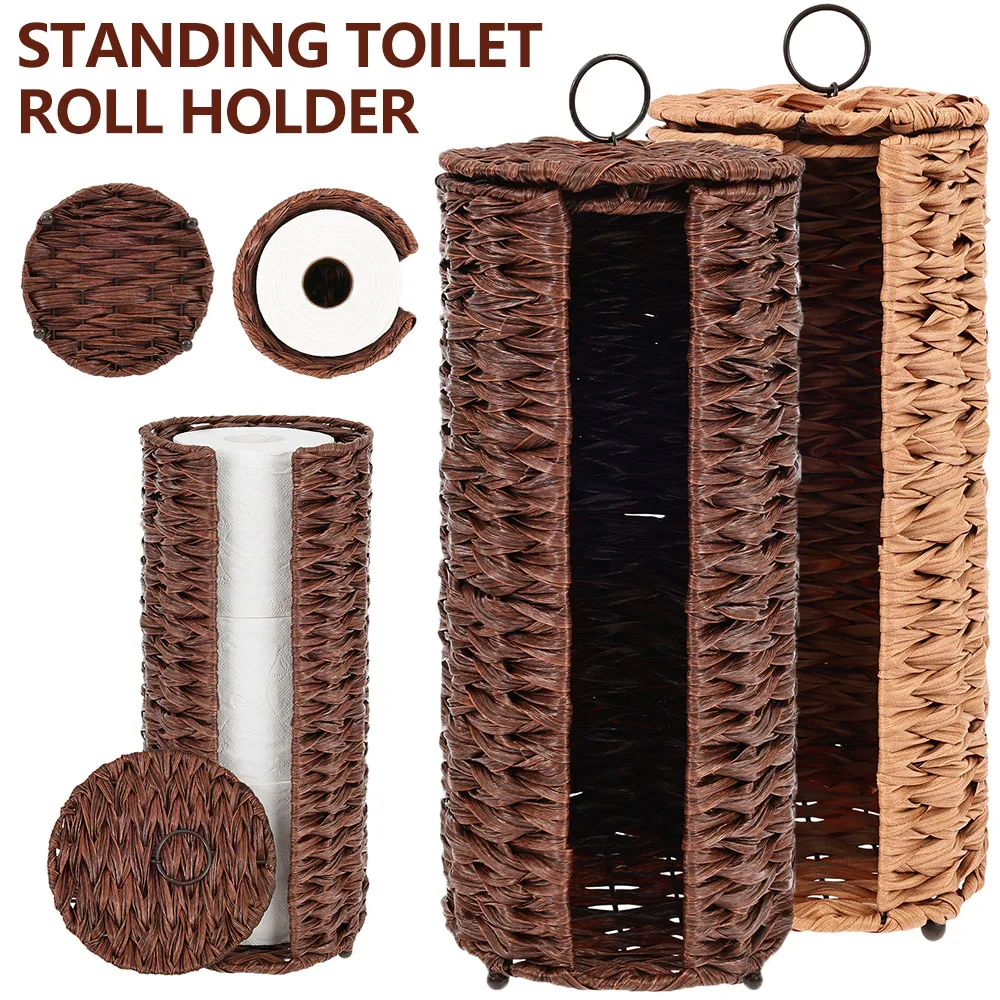 Stehender Toilettenpapierhalter aus Kunststoff, Weidenkorb-Optik mit Deckel, Staubdichter Toilettenpapier-Organizer zur Dekoration