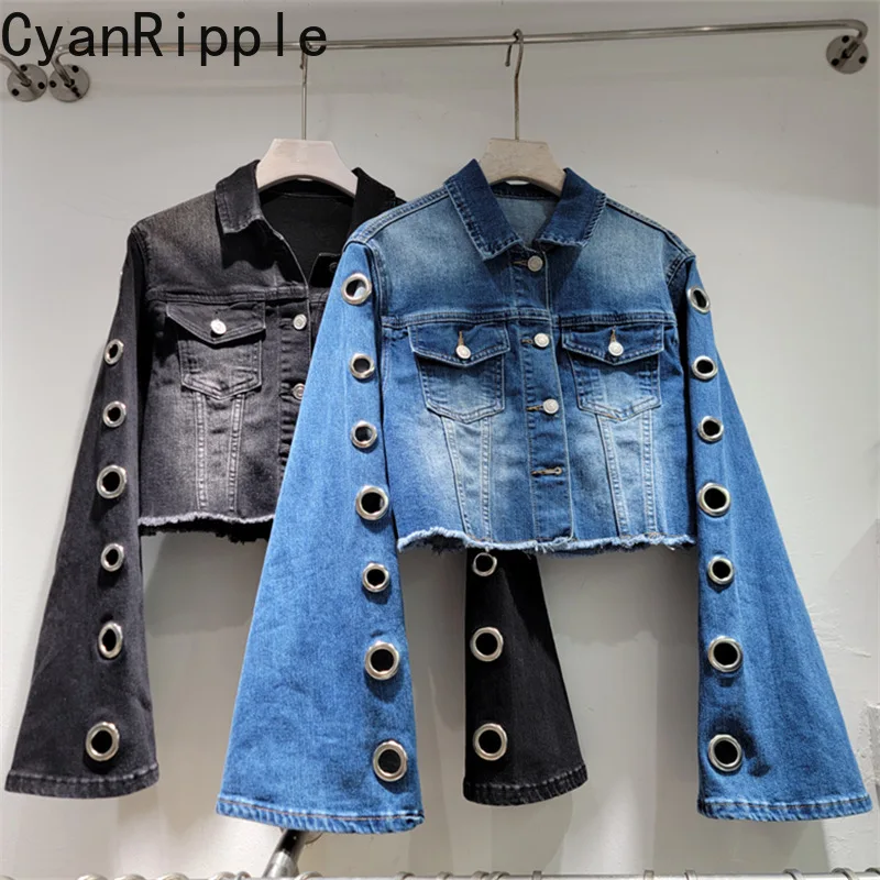 American New Autumn Flare Sleeve Short Denim Cardigans Coat Hot Chick Hollow Out Metal Circle Turn-down Collar Blue Jeans Jacket