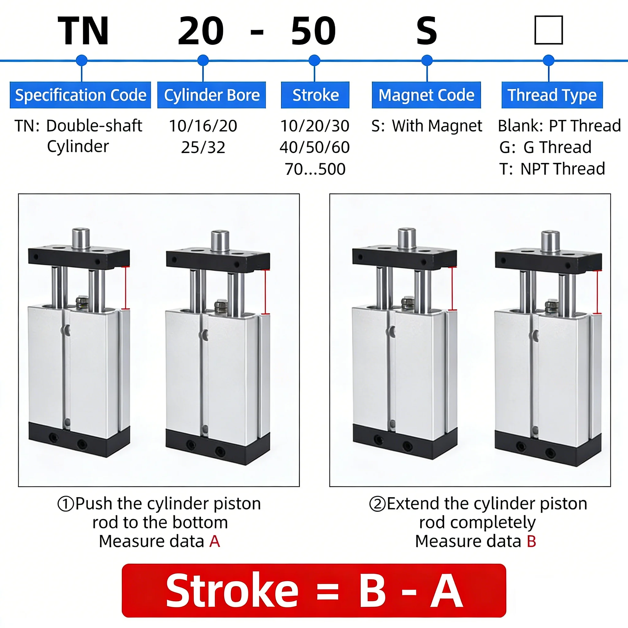 Double-axis Double-rod Cylinder Small Pneumatic Long Stroke TN10/16/20/25/32x200/250/300/500-S