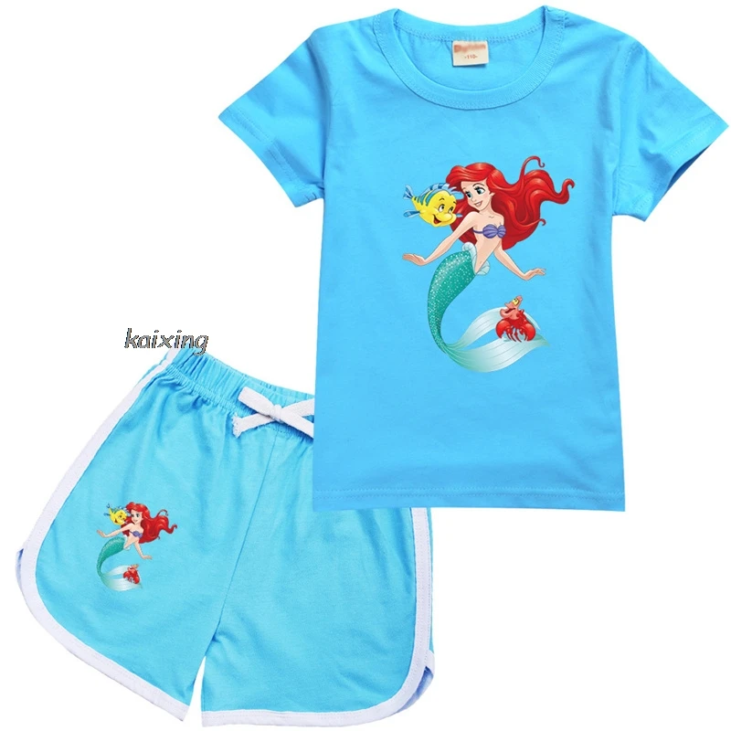 The Little Mermaid Ariel Girls Clothes Summer Clothing Set Kids Boys Sports Suit T Shirt + Pants Baby Kids Outfits Pajamas Gift