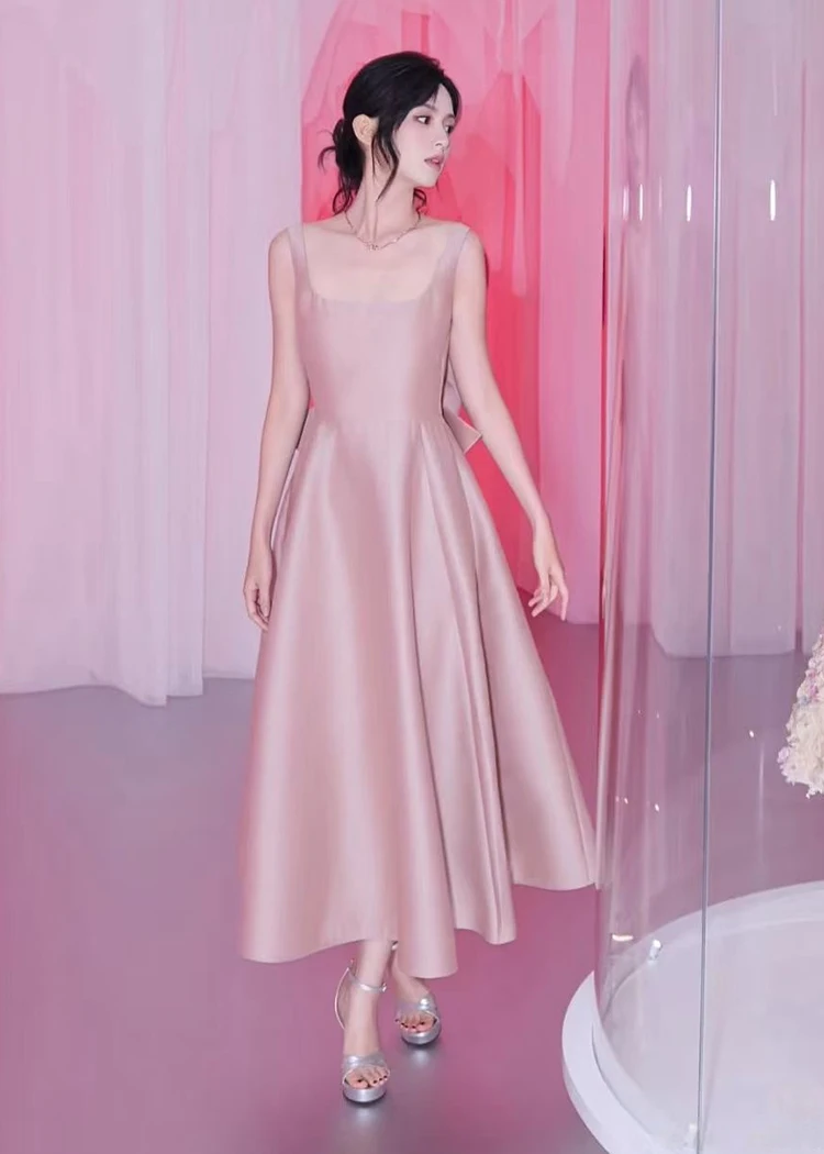 여성용 드레스 새로운 우아한 민소매 스퀘어 칼라 여성 드레스 슬림 보우 A-LINE 드레스 여성 Vestidos De Verano Mujer Q1958