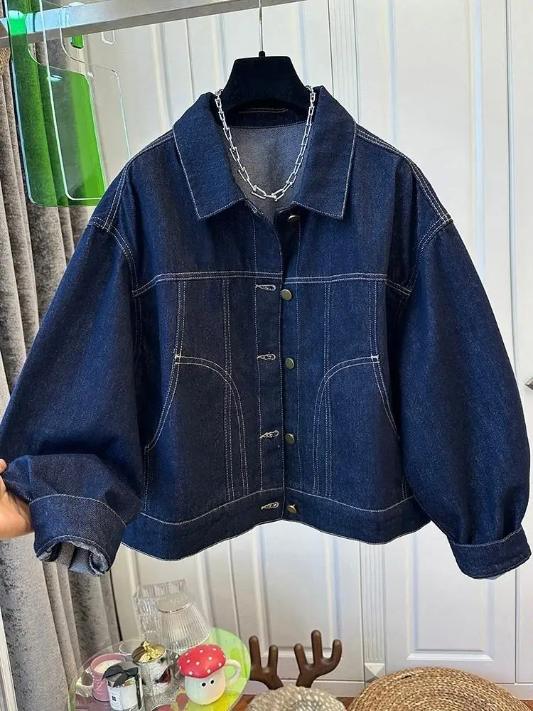 Women Lapel Denim Jacket 2026 New Early Autumn Dark Blue Loose Casual Cropped Outerwear High Sense Relaxed Fit Ladies Coat