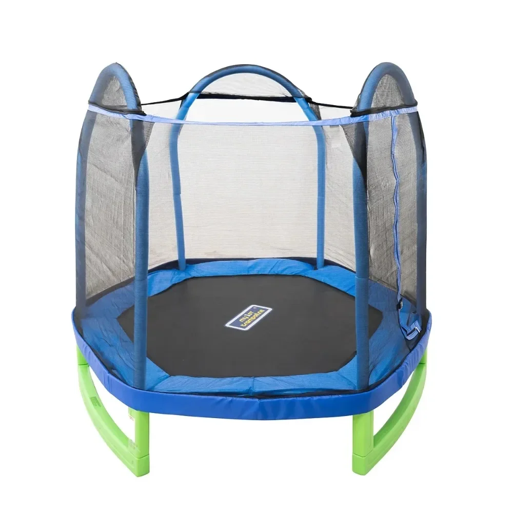 

7' Round Trampoline for Ages 3-10 with Safety Fence, Blue and Green