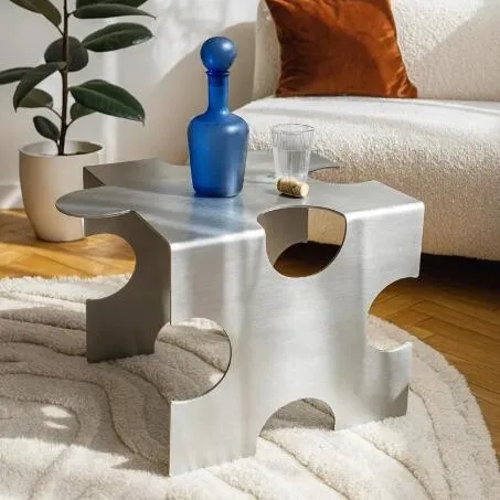 ag-Modern Art Deco Stainless Steel Jigsaw Puzzle Side/Coffee Table with Irregular Shape for Indoor Living Room Office Decor@