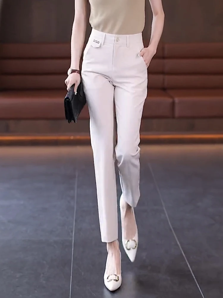 

Летние тонкие брюки-костюм из девяти частей для женщин, повседневные, с высокой талией, из ледяного шелка, прямые, с карманами, в деловом стиле