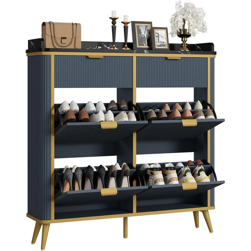 

Navy Blue Slim Shoe Organizer Cabinet with 4 Shelves & 2 Drawers for Entryway and Hallway Storage