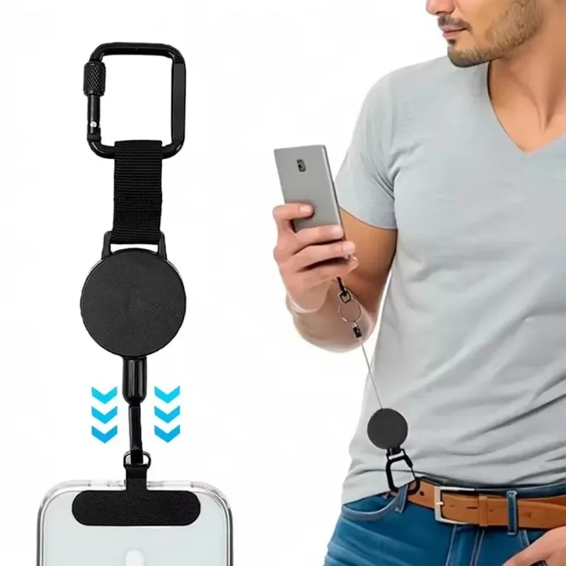 Suporte Retrátil Antifurto para Celular com Cordão de Segurança e Mosquetão, Arnês Antiqueda para Caminhada, Ciclismo e Escalada