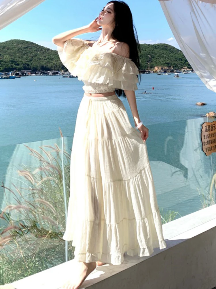 Summer Party Elegant Women Holiday Beach Skirt Suit Sexy Slash Neck Ruffles Crop Tops And High Waist Long Skirts Two Piece Sets