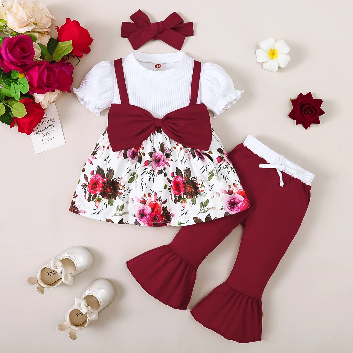 3PCS Clothes Set Summer Toddler Girl Puff Sleeve with Big Bow Top+Flared Pants+Headwear Lovely Outfit for Kids Girl 1-3 Years