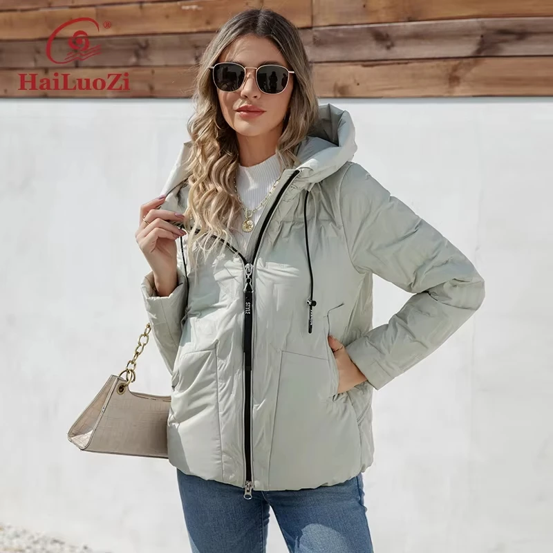 HaiLuoZi 2023 Spring New Design Women Jacket Hooded Splicing Female Outwear Windproof Warm Parkas Elegant Women's Coat 7051