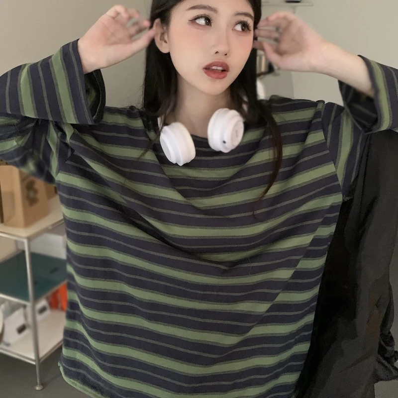 Spring Autumn Women Harajuku O Neck Striped T Shirt Long Sleeve T-Shirts Korean Casual Oversized T Shirt Femme Tops