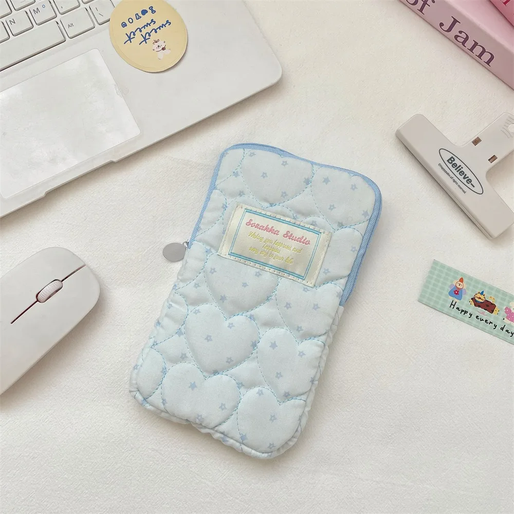 Heart Polka Dot Quilted Zipper Pouch Portable Soft Earphone Carrying Case Small Lipstick Phone Storage Bag