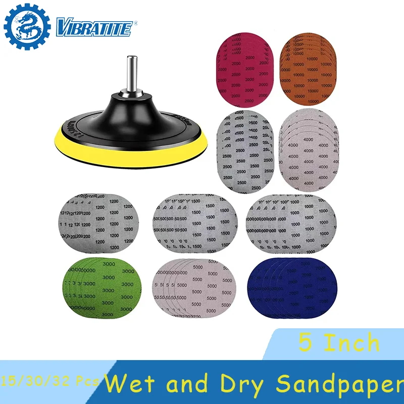 

5-дюймовая влажная и сухая наждачная бумага 15/30/32 шт. с шлифовальной пластиной для отделки деревянной мебели, полировки металла, автомобильных фар
