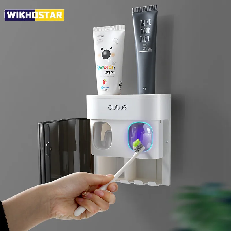 WIKHOSTAR Wall Mounted Toothpaste Squeezer Automatic Toothpaste Dispenser Toothbrush Holder Storage Rack Bathroom Accessories