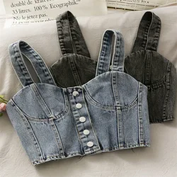 baby girls summer denim tank top single breasted kids crop top suspender Korean open back pleated camisole jeans 3 to 16 yrs