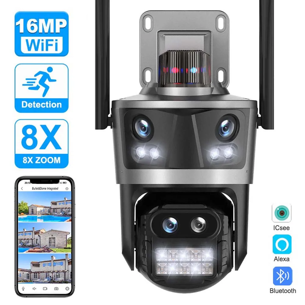 كاميرا مراقبة واي فاي 8K 16MP ، في الهواء الطلق أربع عدسات أربع شاشات 8X التكبير PTZ كاميرا أمن الوطن ، حماية أمن التتبع التلقائي ، كاميرا 4K IP ، كاميرا فيديو CCTV لاسلكية ICsee
