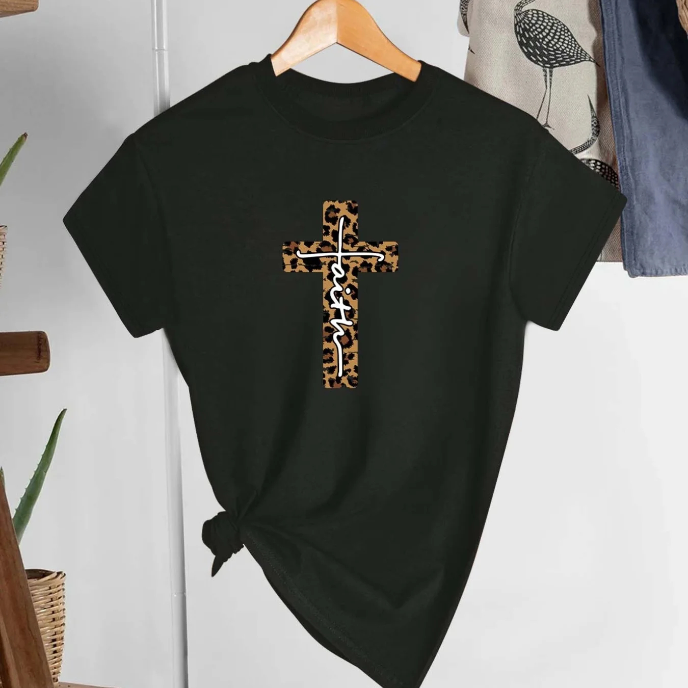 Cross Print Women Christian T-Shirt, Short Sleeve Crew Neck Casual Top for Summer & Spring, Women's Clothing Female Tops Tees