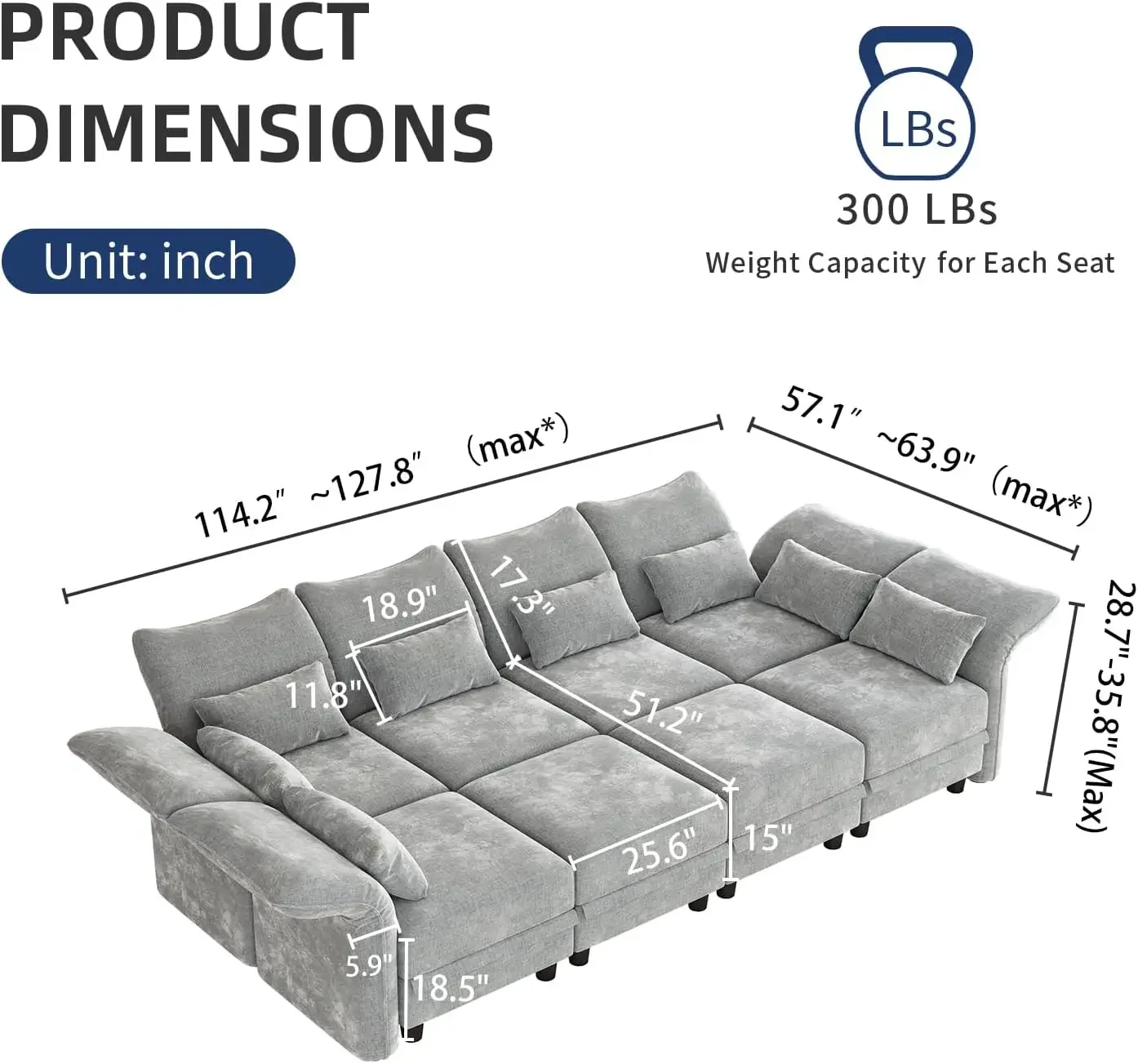 8 Seater Modular Sectional Sofa Sleeper 114 Inch Large Chenille Sectional Couches Living Room with Storage Ottoman, Adjustable