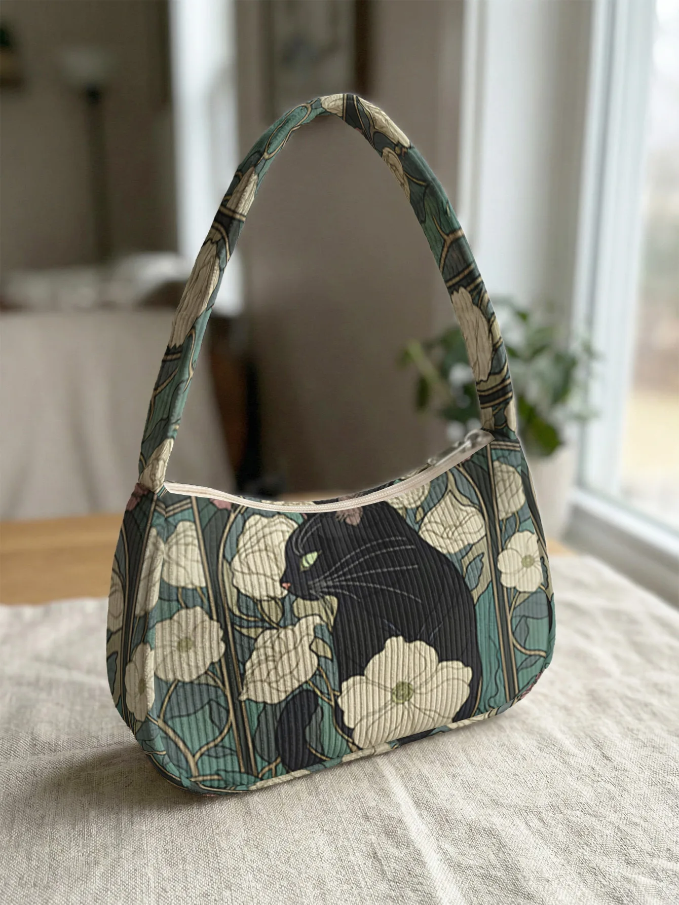 

Trendy Art Nouveau Black Cat Print Shoulder Bag, Green Corduroy Underarm Bag