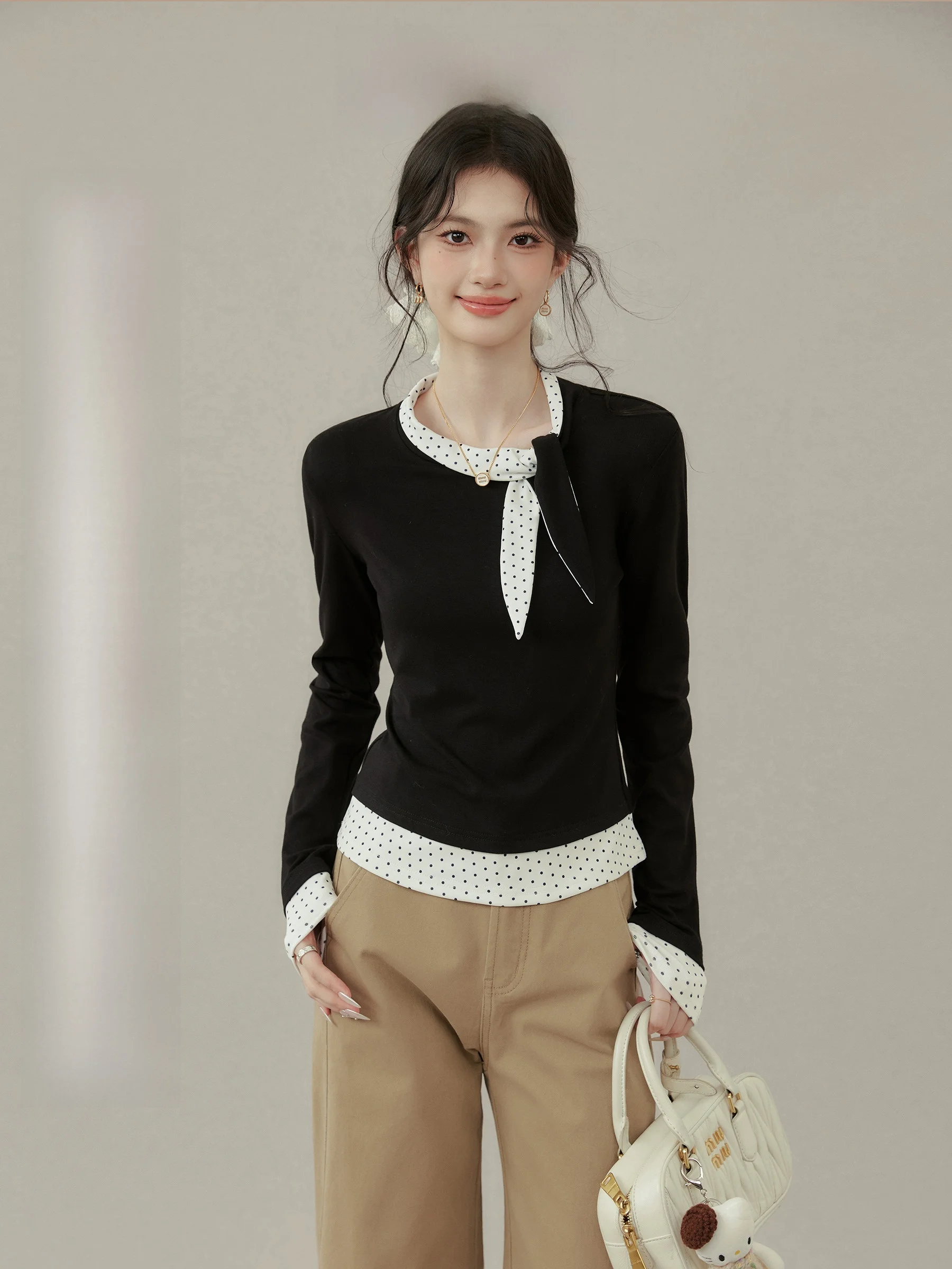 

Bla Polka Dot T-irt Women's Long Sve Knot Top Vintage Sle Casual Fit for Autumn Season Beautiful Ladies' Tee