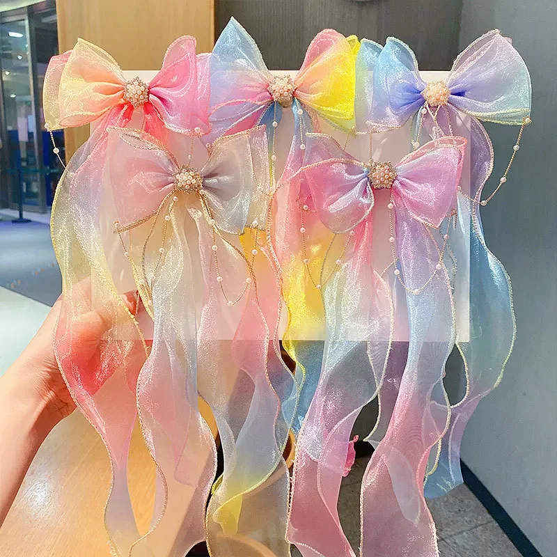 Kids Accessories Hair Pin Rainbow Bow Braided Hairpin Headpiece Princess Ponytail Streamer Hair Clip Girls Hair Accessories